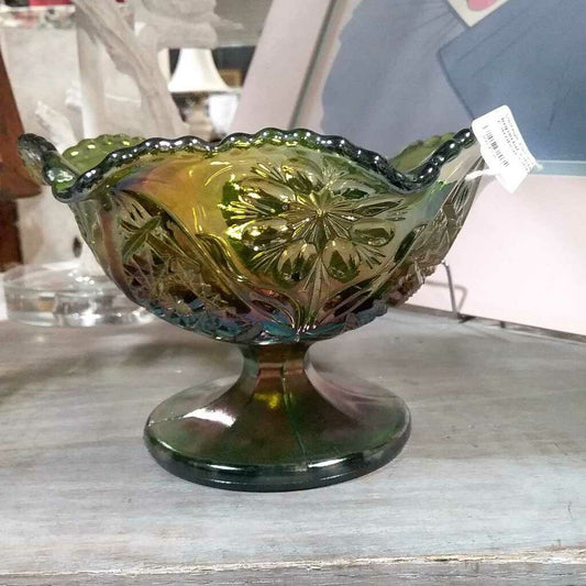 Imperial Glass Green Carnival Glass Compote