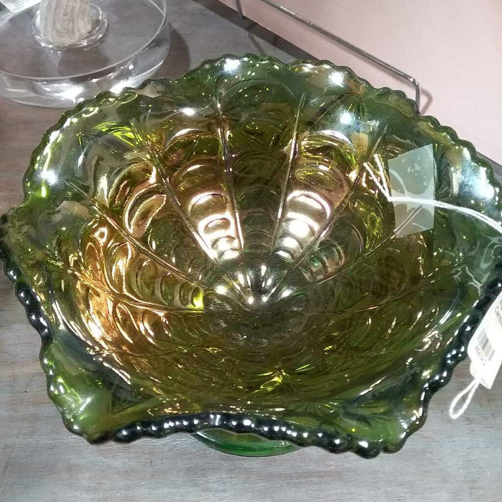 Imperial Glass Green Carnival Glass Compote