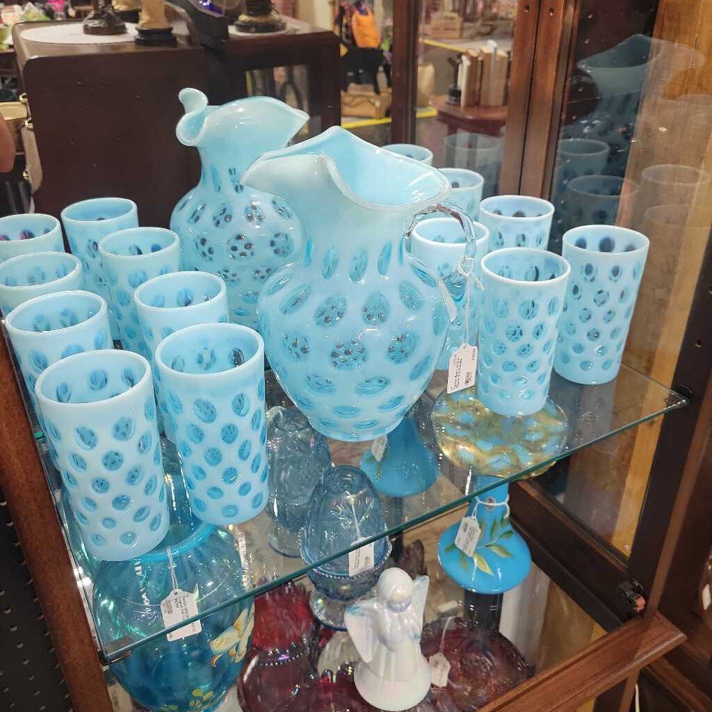 Fenton Blue Coin Dot Pitcher & 8 Glasses