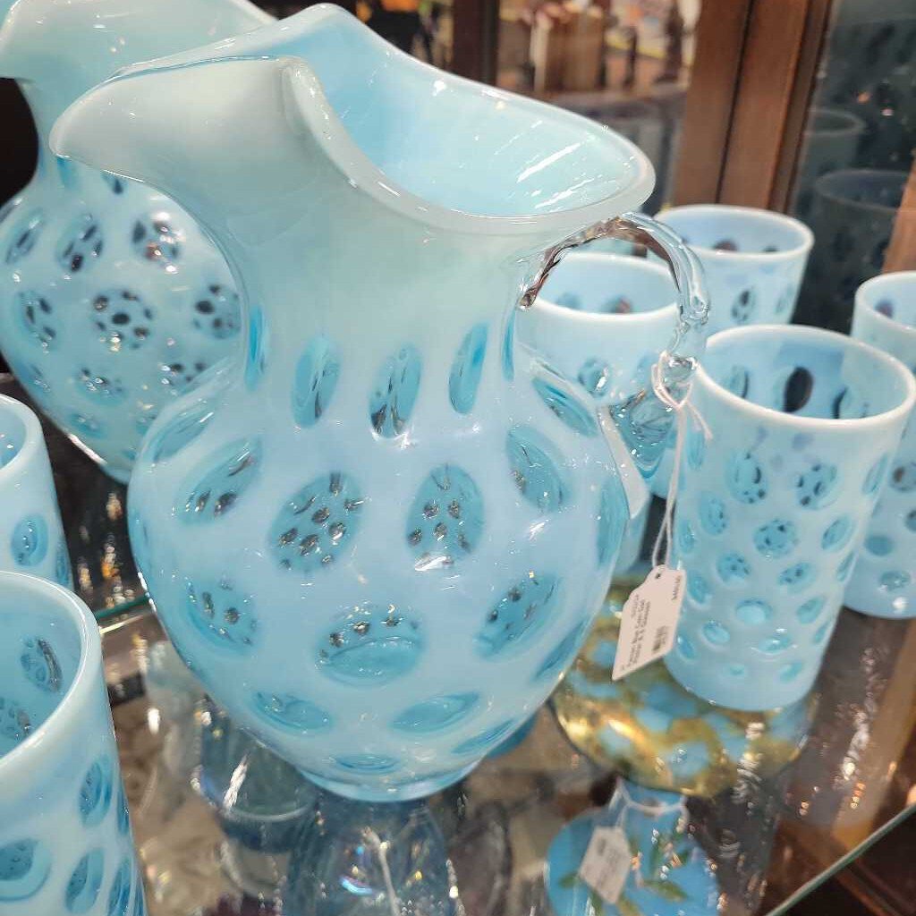 Fenton Blue Coin Dot Pitcher & 8 Glasses