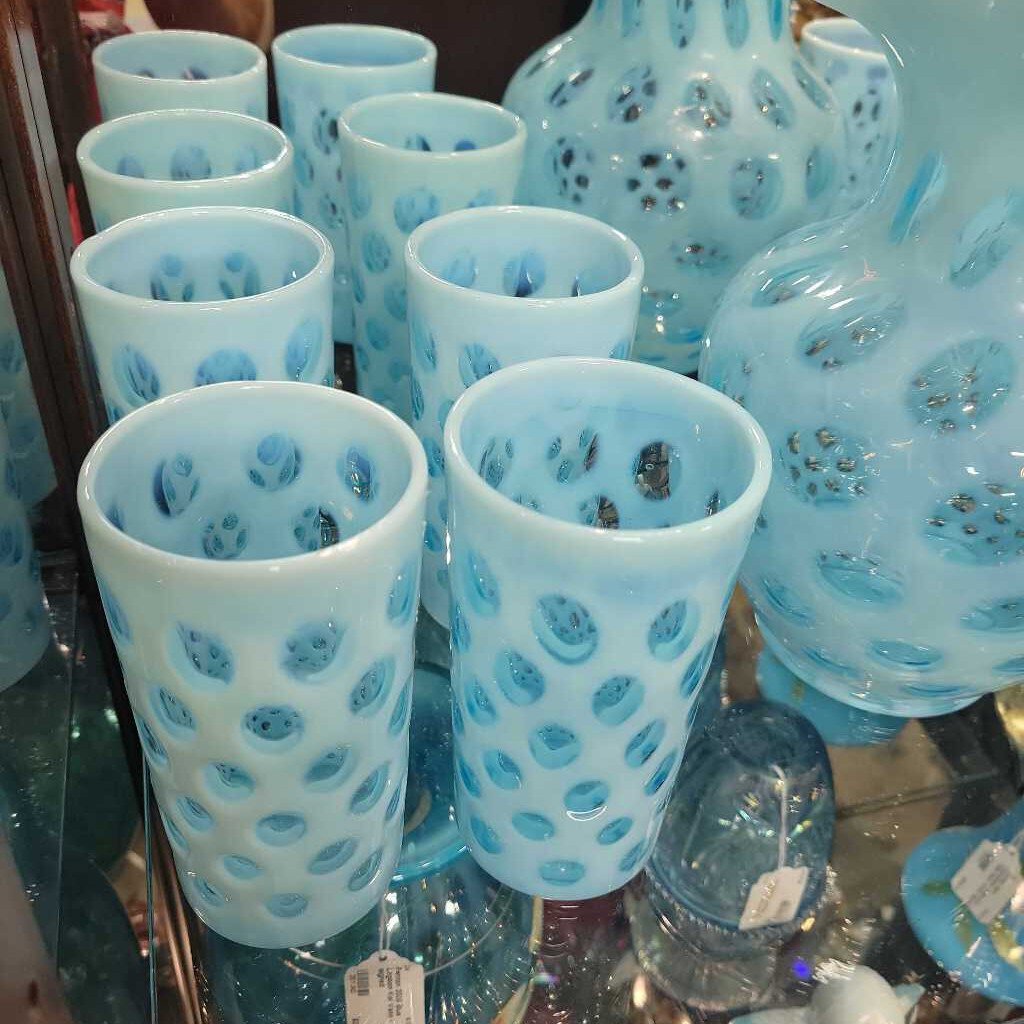 Fenton Blue Coin Dot Pitcher & 8 Glasses