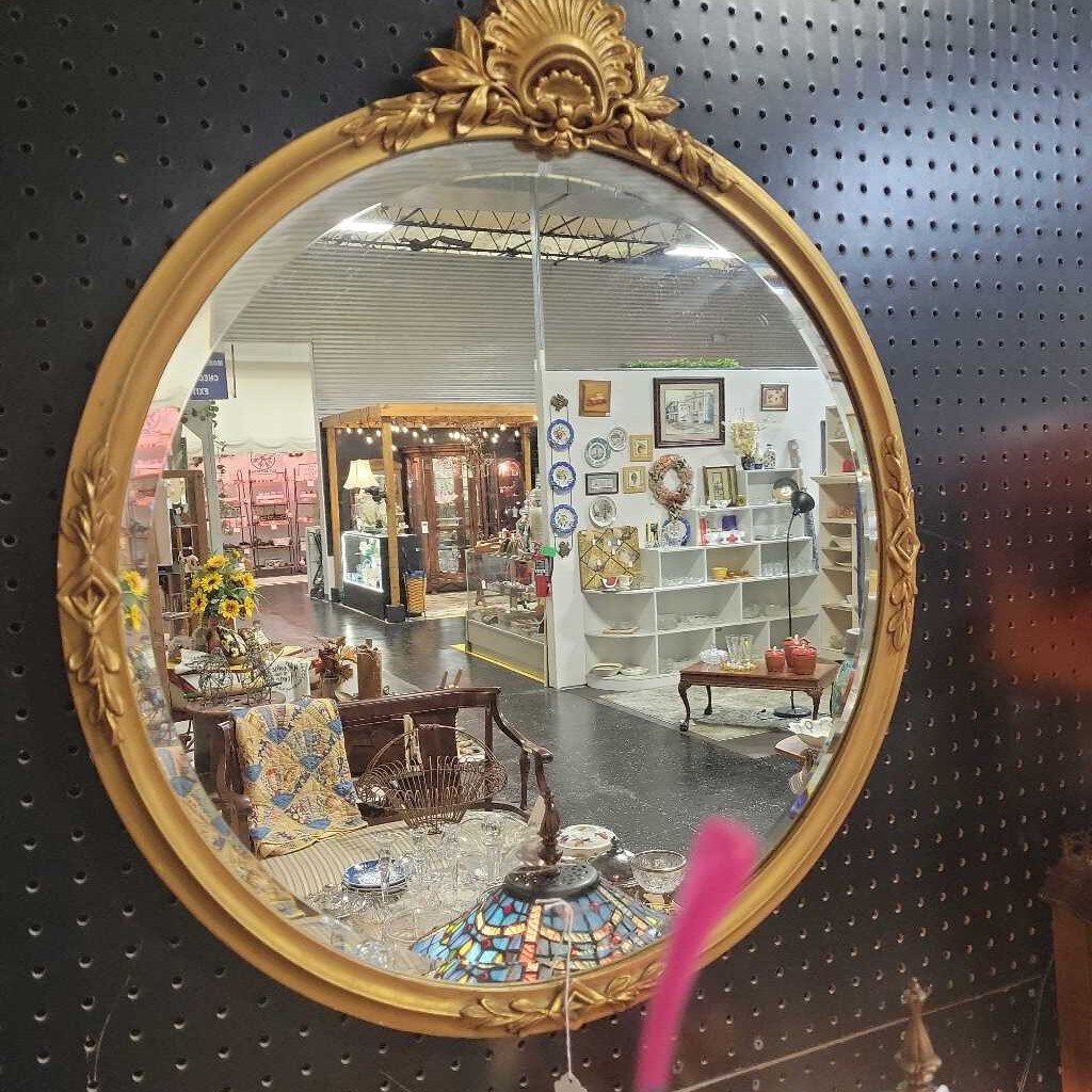 Large Antique 26" Round Gold Frame Beveled Mirror