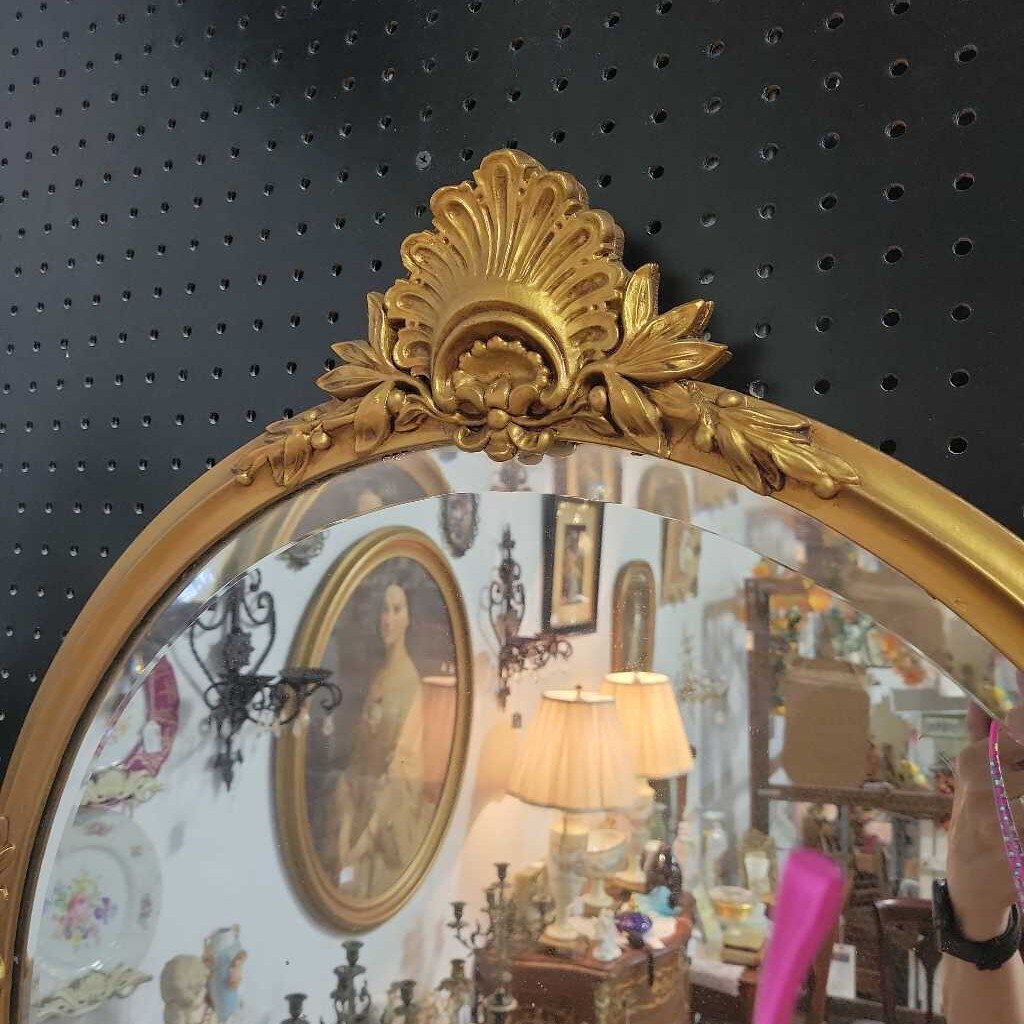 Large Antique 26" Round Gold Frame Beveled Mirror