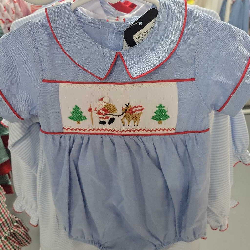 Santa's Coming Blue Chambray Smocked Boy Bubble