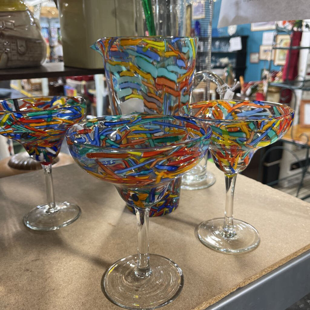 Multi-color glass pitcher and 3 glasses