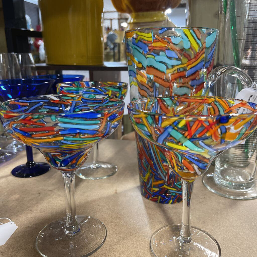 Multi-color glass pitcher and 3 glasses