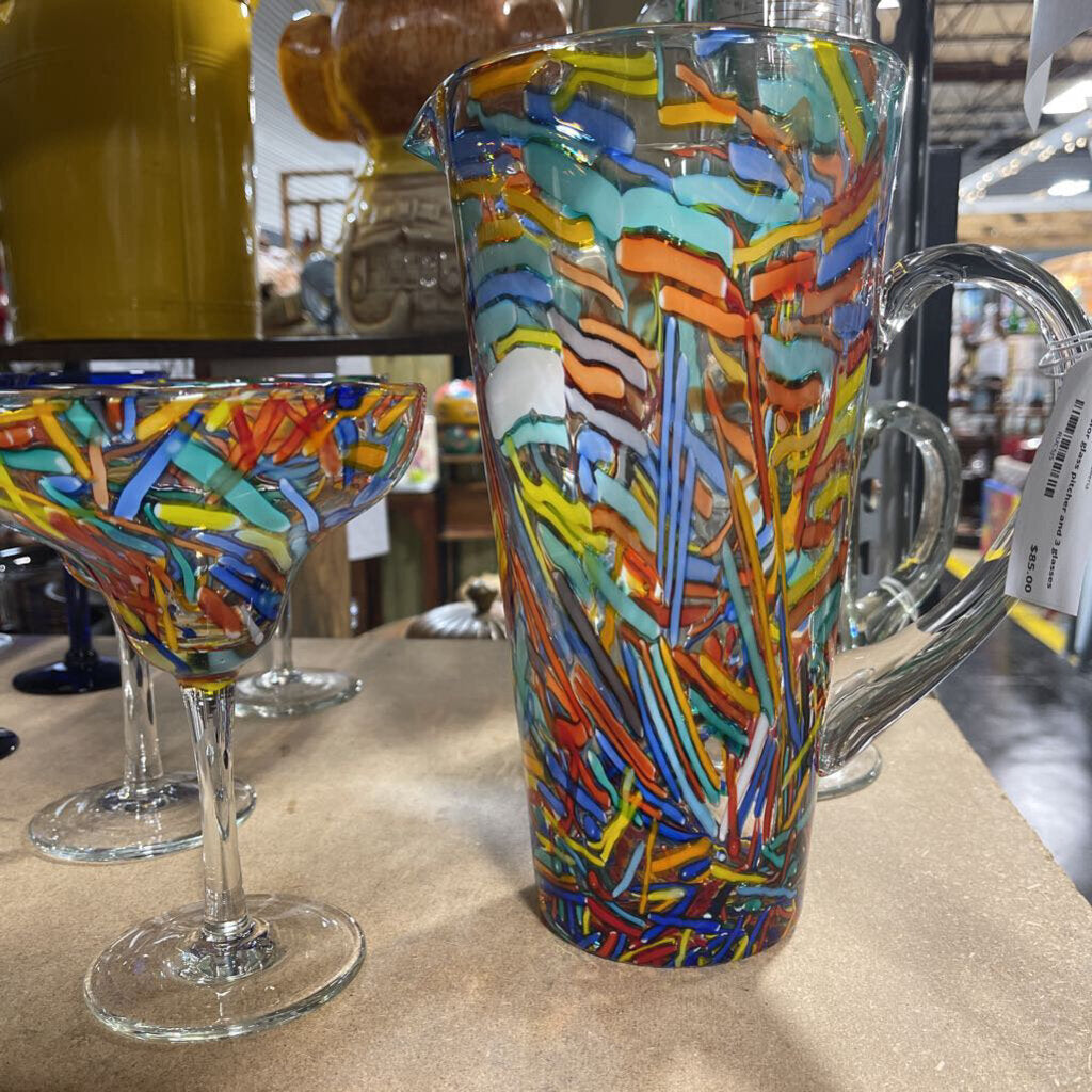 Multi-color glass pitcher and 3 glasses