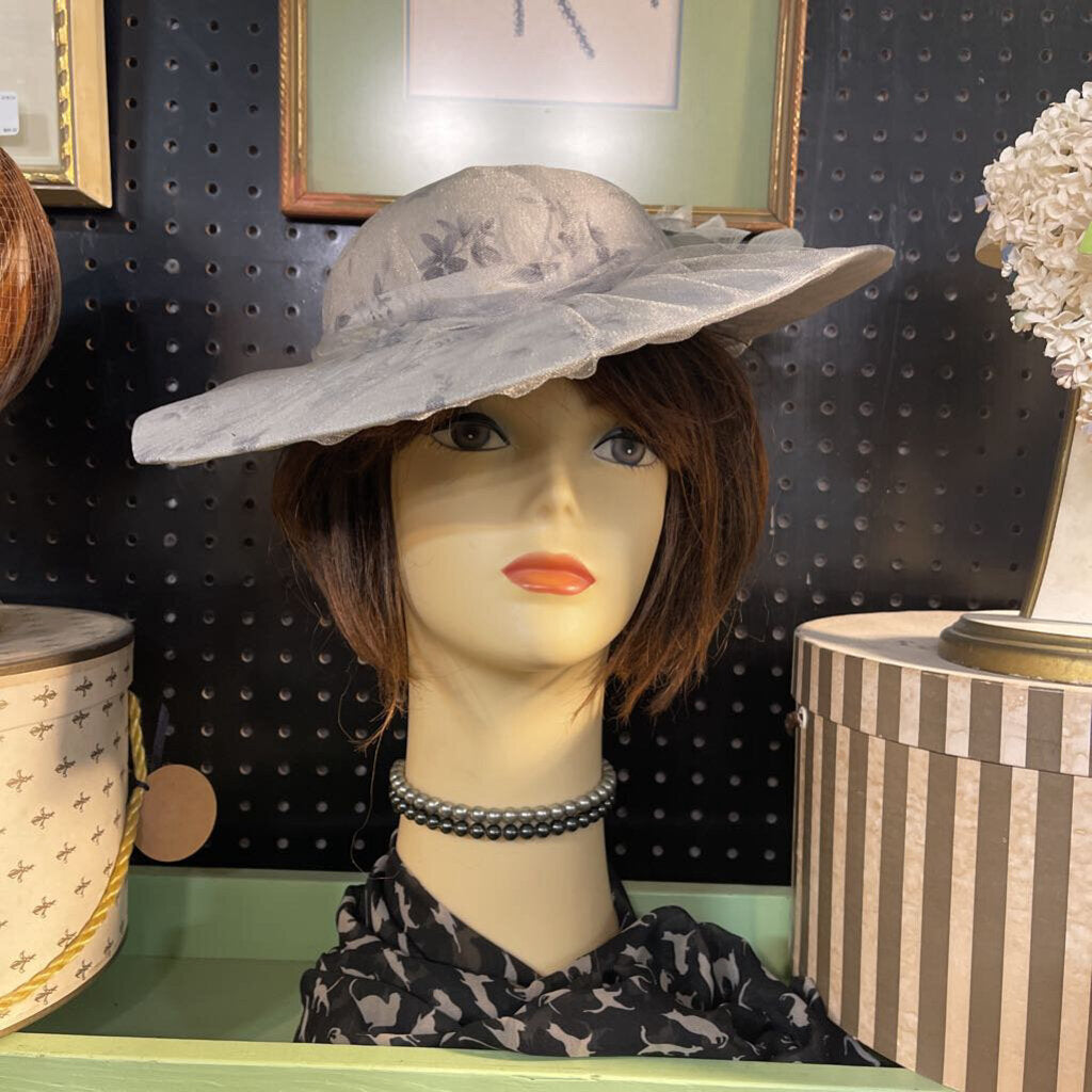 Grey, floral, wide-brim hat