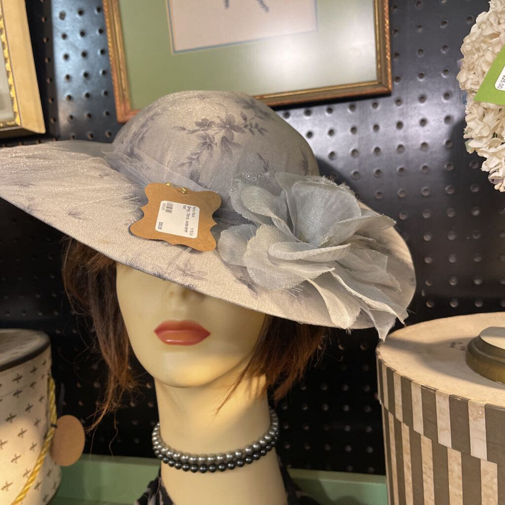 Grey, floral, wide-brim hat