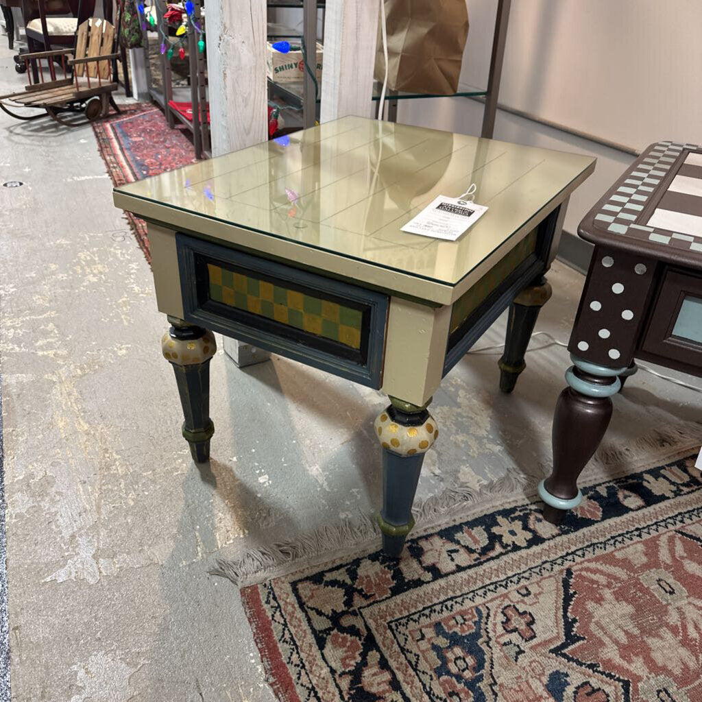 Painted Side Table by Pam Wall (w/ Glass Top)