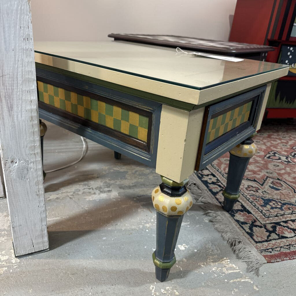 Painted Side Table by Pam Wall (w/ Glass Top)