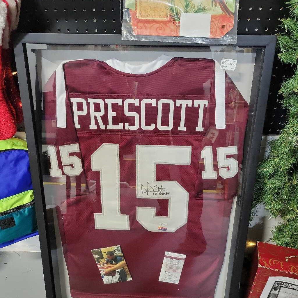 TM541--Dax Prescott signed / framed MS STATE #15 Jersey 25.5" x 37.5"