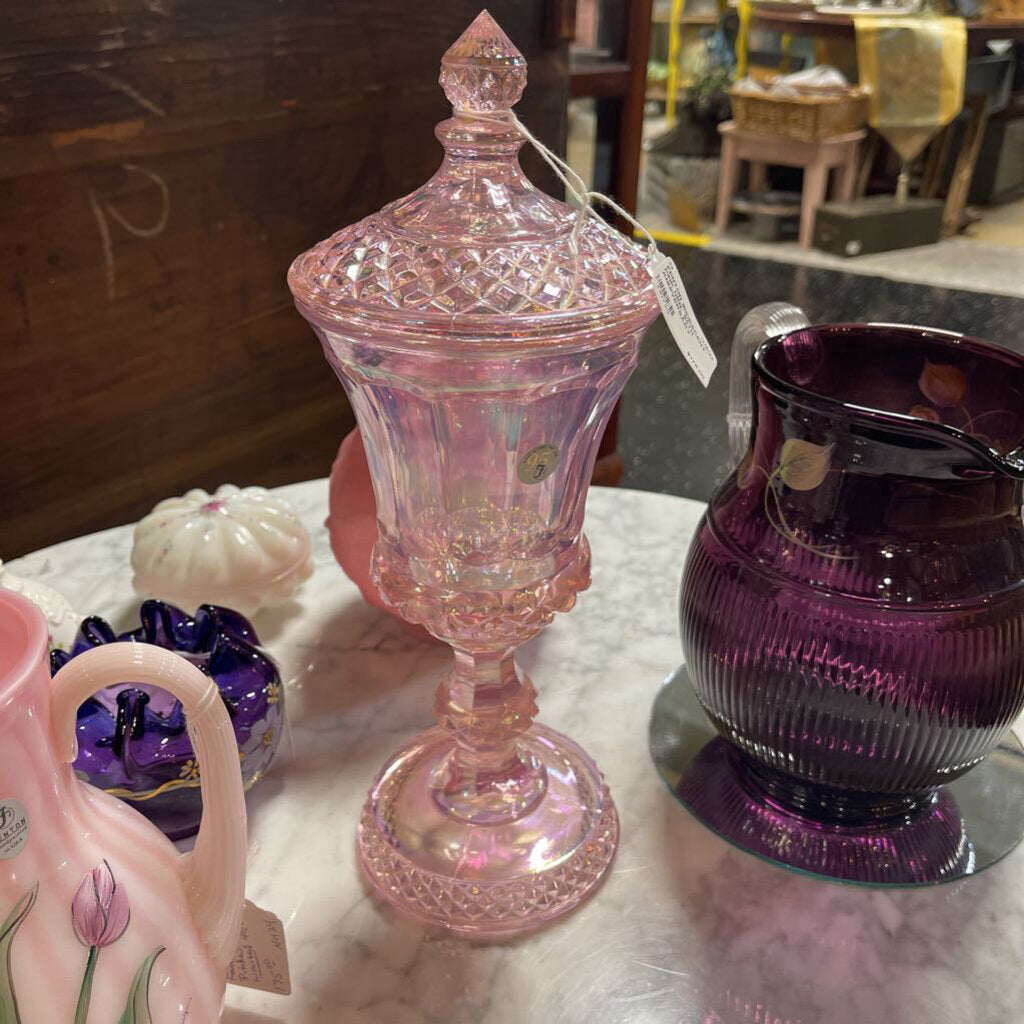 FENTON IRIDESCENT PINK URN- 95TH ANNIVERSARY