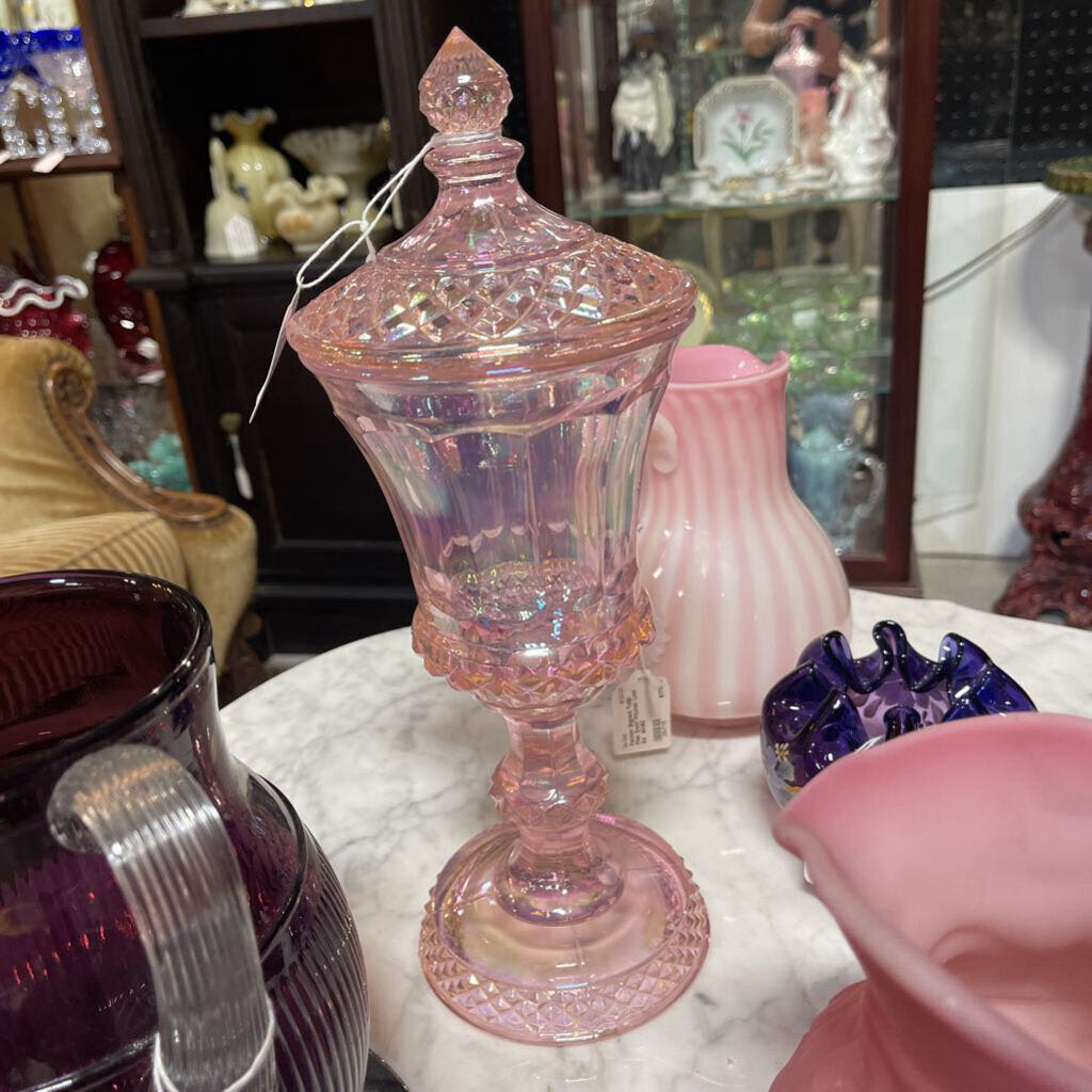 FENTON IRIDESCENT PINK URN- 95TH ANNIVERSARY