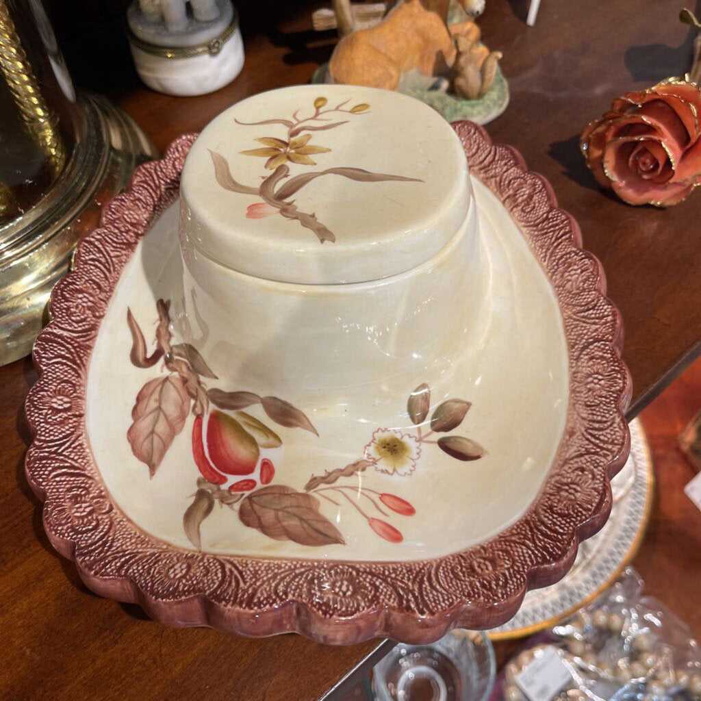 Vintage Ceramic Flowered Cowgirl Hat Covered Vanity Tray