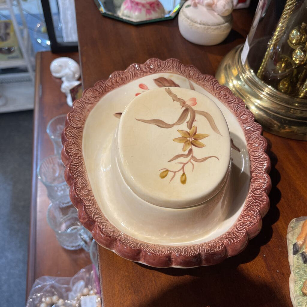 Vintage Ceramic Flowered Cowgirl Hat Covered Vanity Tray