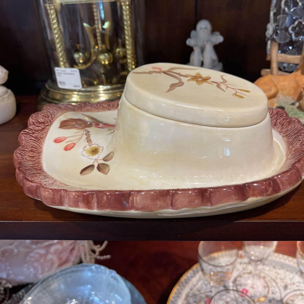 Vintage Ceramic Flowered Cowgirl Hat Covered Vanity Tray