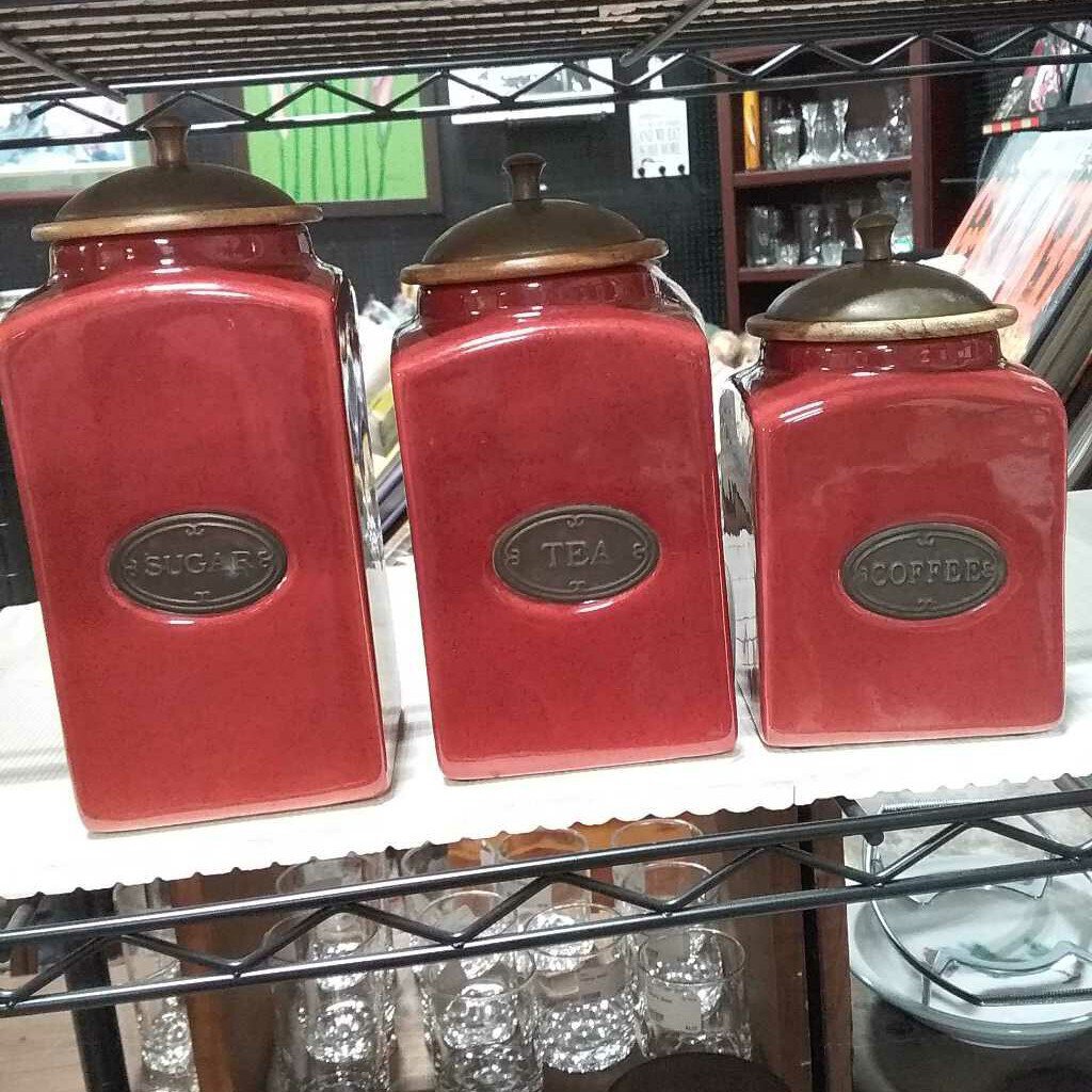 Red Rustic Ceramic Kitchen Canister Set/3, Metal /Wooden Lids