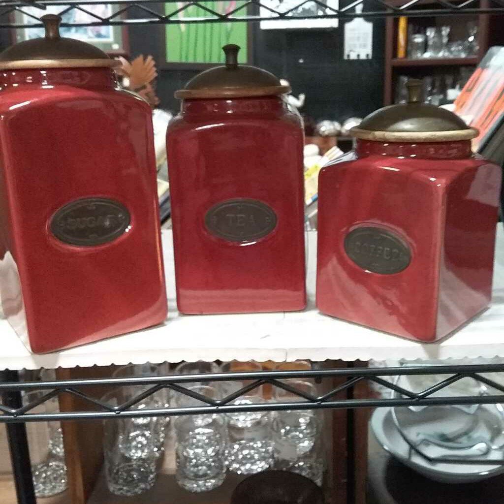 Red Rustic Ceramic Kitchen Canister Set/3, Metal /Wooden Lids