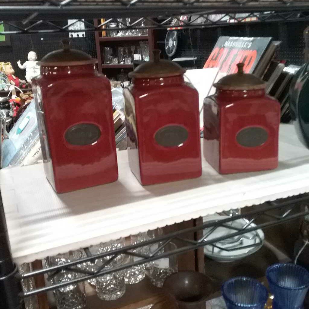 Red Rustic Ceramic Kitchen Canister Set/3, Metal /Wooden Lids