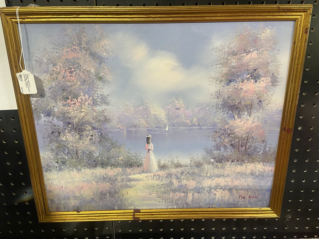 DuBois signed oil painting, young woman watching sailboat