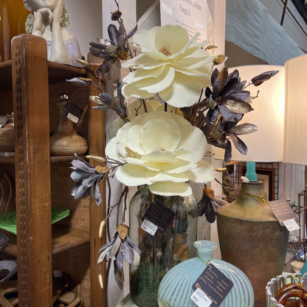 Clear Round Jug w/ White Japanese Magnolias/Purple-Gold Tip