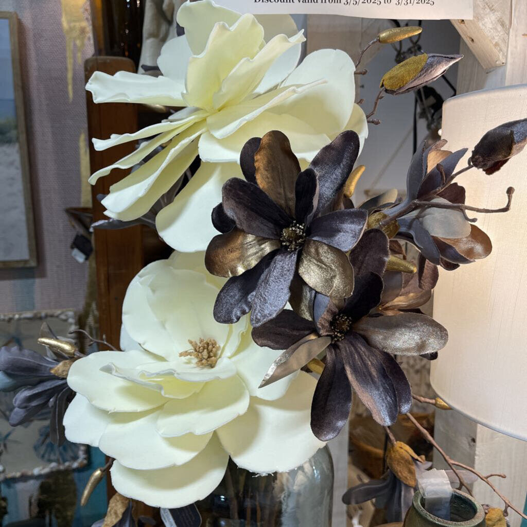 Clear Round Jug w/ White Japanese Magnolias/Purple-Gold Tip