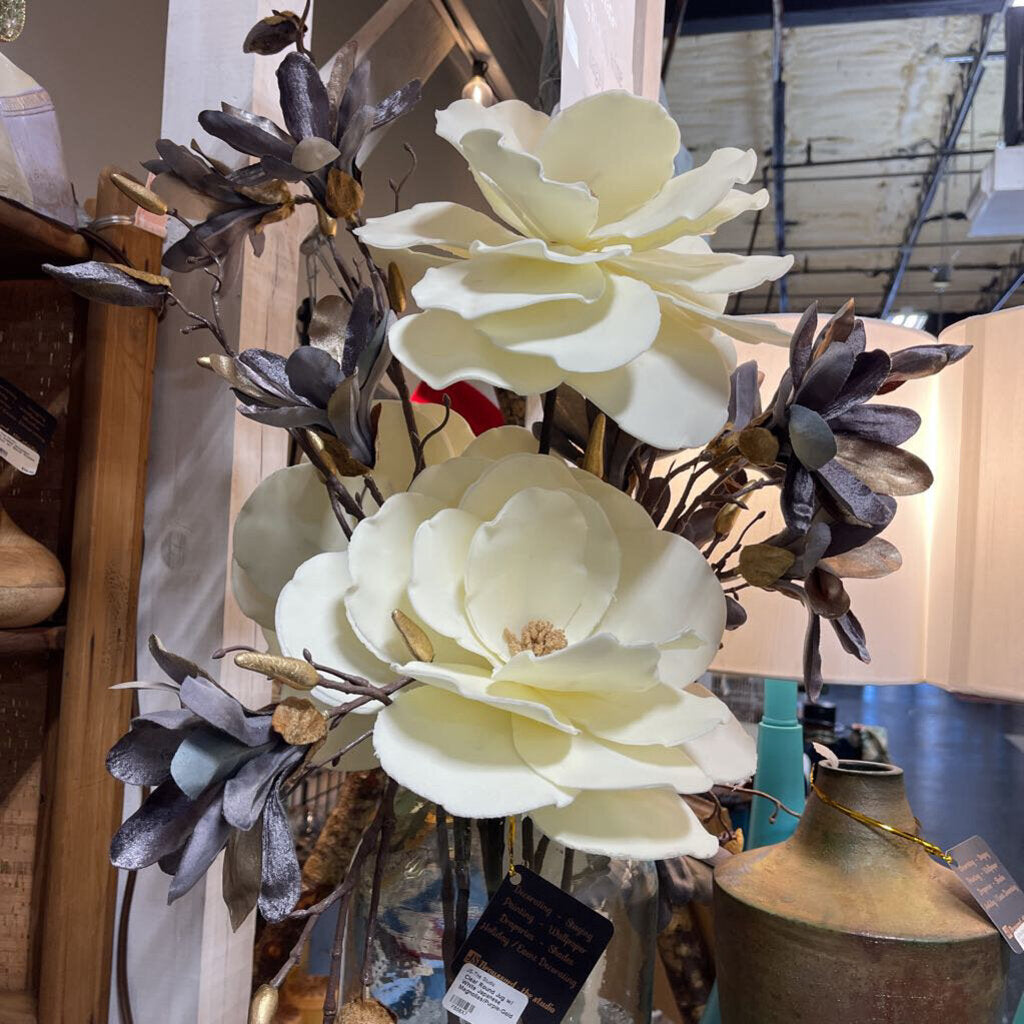 Clear Round Jug w/ White Japanese Magnolias/Purple-Gold Tip