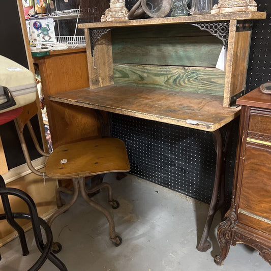 Industrial side table/desk, old oak top & cast iron legs, by MS artist Walrod