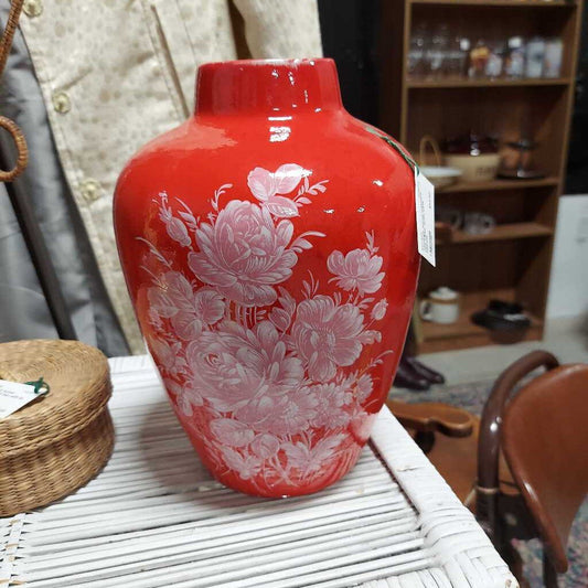 vintage hand painted red vase with pink florals