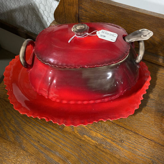 Red Ceramic Platter with Tureen and Spoon