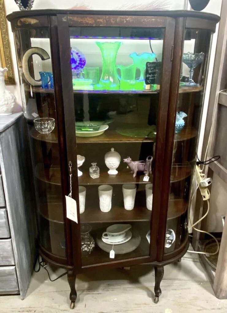 Antique Wood Shelves and Glass Curio Cabinet