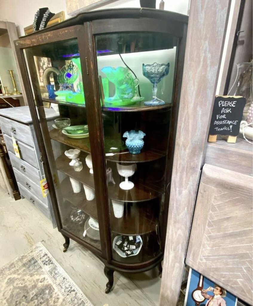 Antique Wood Shelves and Glass Curio Cabinet