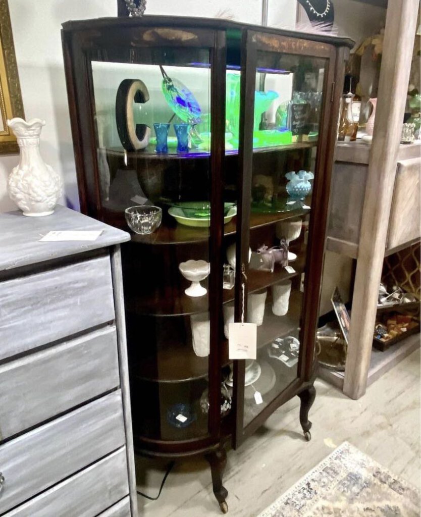 Antique Wood Shelves and Glass Curio Cabinet