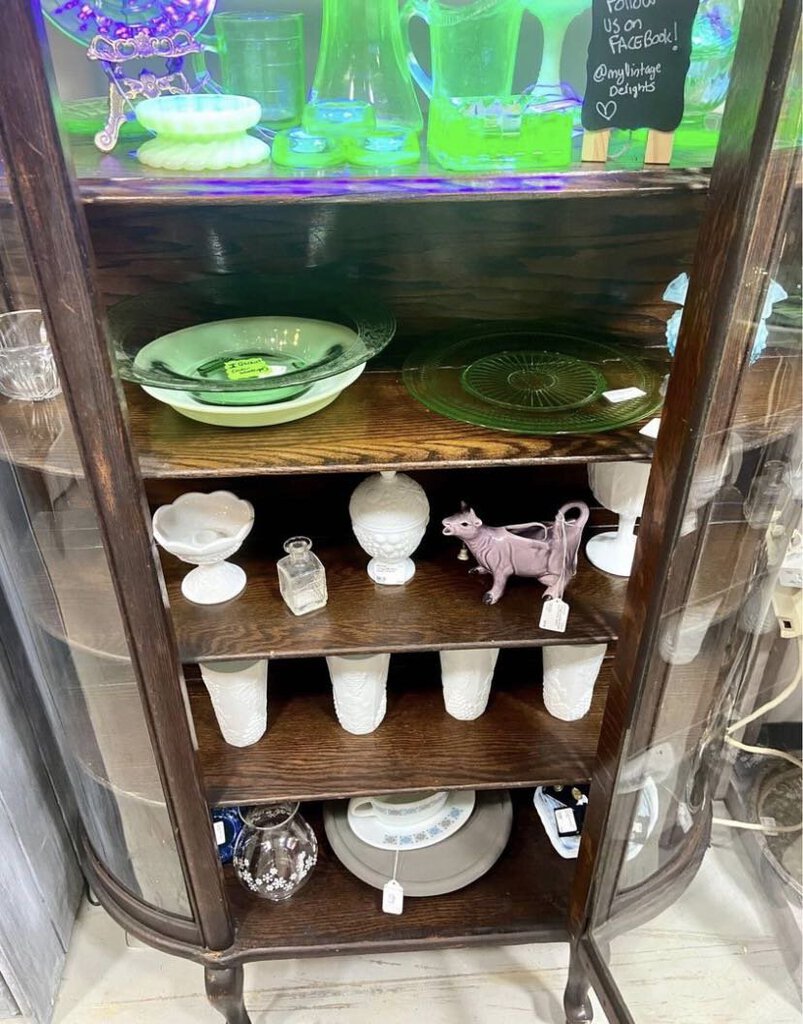 Antique Wood Shelves and Glass Curio Cabinet