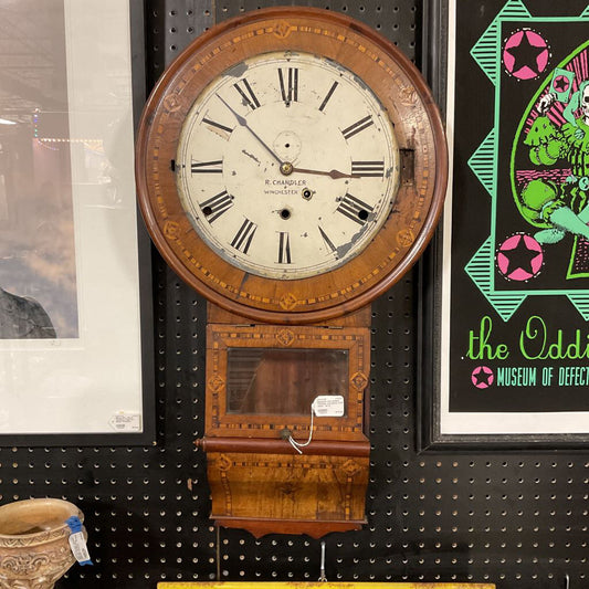 Beautiful rare antique Chandler marquetry wall clock - as is