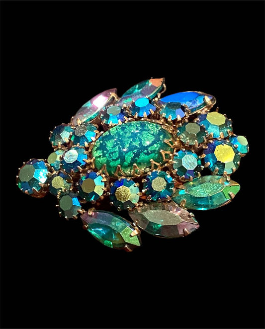 VINTAGE JULIANA STYLE EASTER EGG RHINESTONE BROOCH GREEN EMERALD