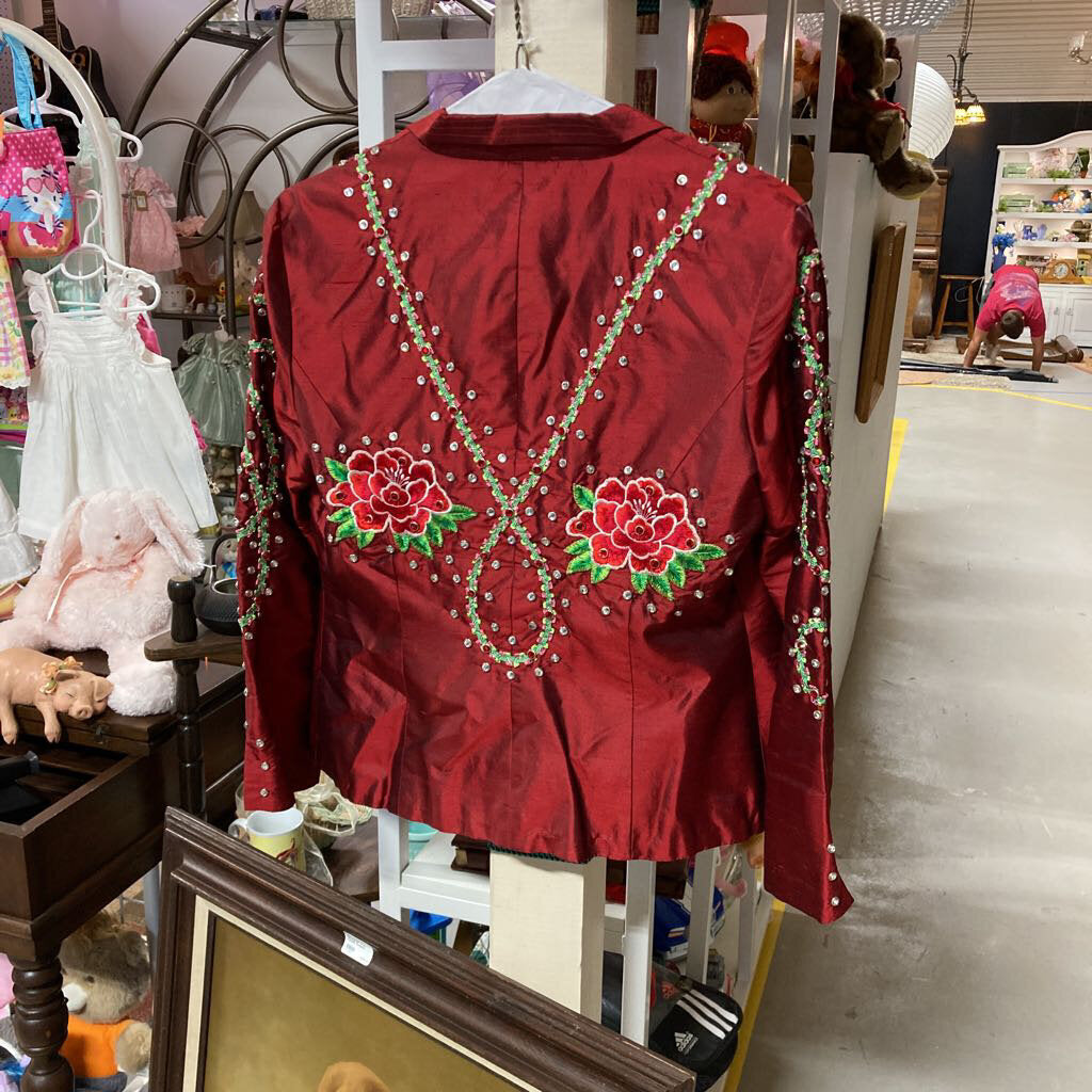 MXI Ladies Show/Stage Jacket; Size 10; Burgundy with hand inset Swarvoski Crystals and Embroidery