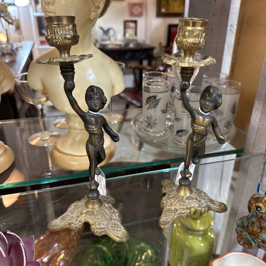 Pair Antique Brass Bronze Cherub Candleholders