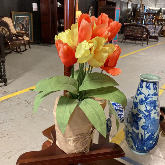 Faux Tulips in a brown paper bag vase