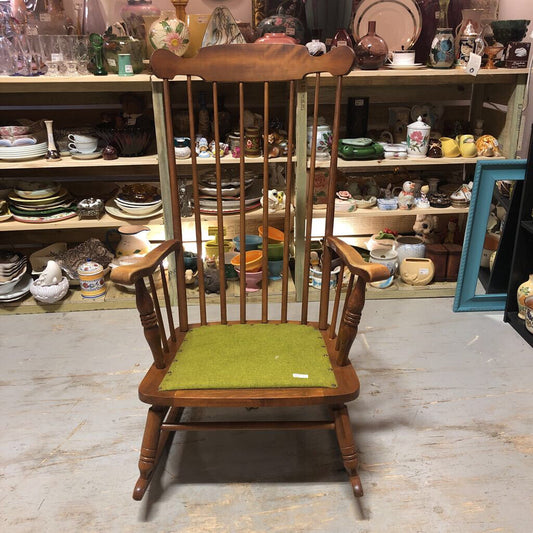 Wood rocking chair green fabric seat