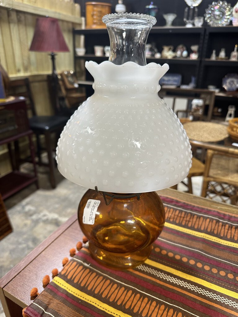 Vtg. Amber and Hob nail milk glass oil lamp