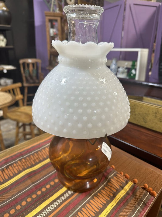 Vtg. Amber and Hob nail milk glass oil lamp