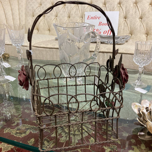 Vintage Wire Metal Decorative Basket with 3D Roses