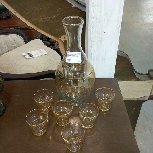 MCM Decanter Set w/6 glasses Gold/Orange Trim