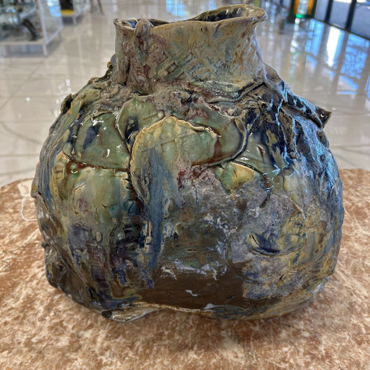 Large Salt Fired Blue & Green Vase