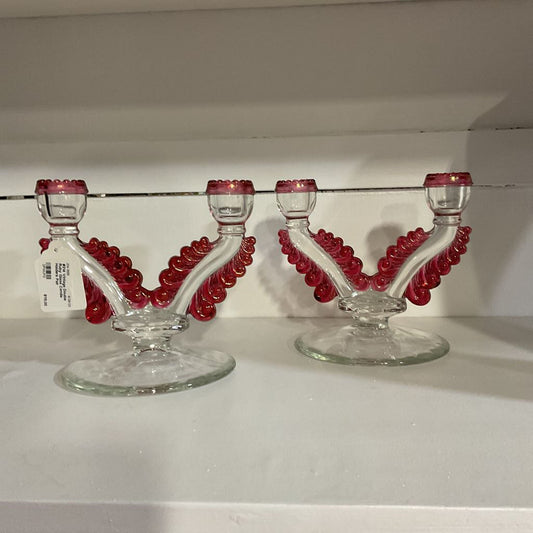 #214 Vintage Double Ruby Glass Candle Holders Pair